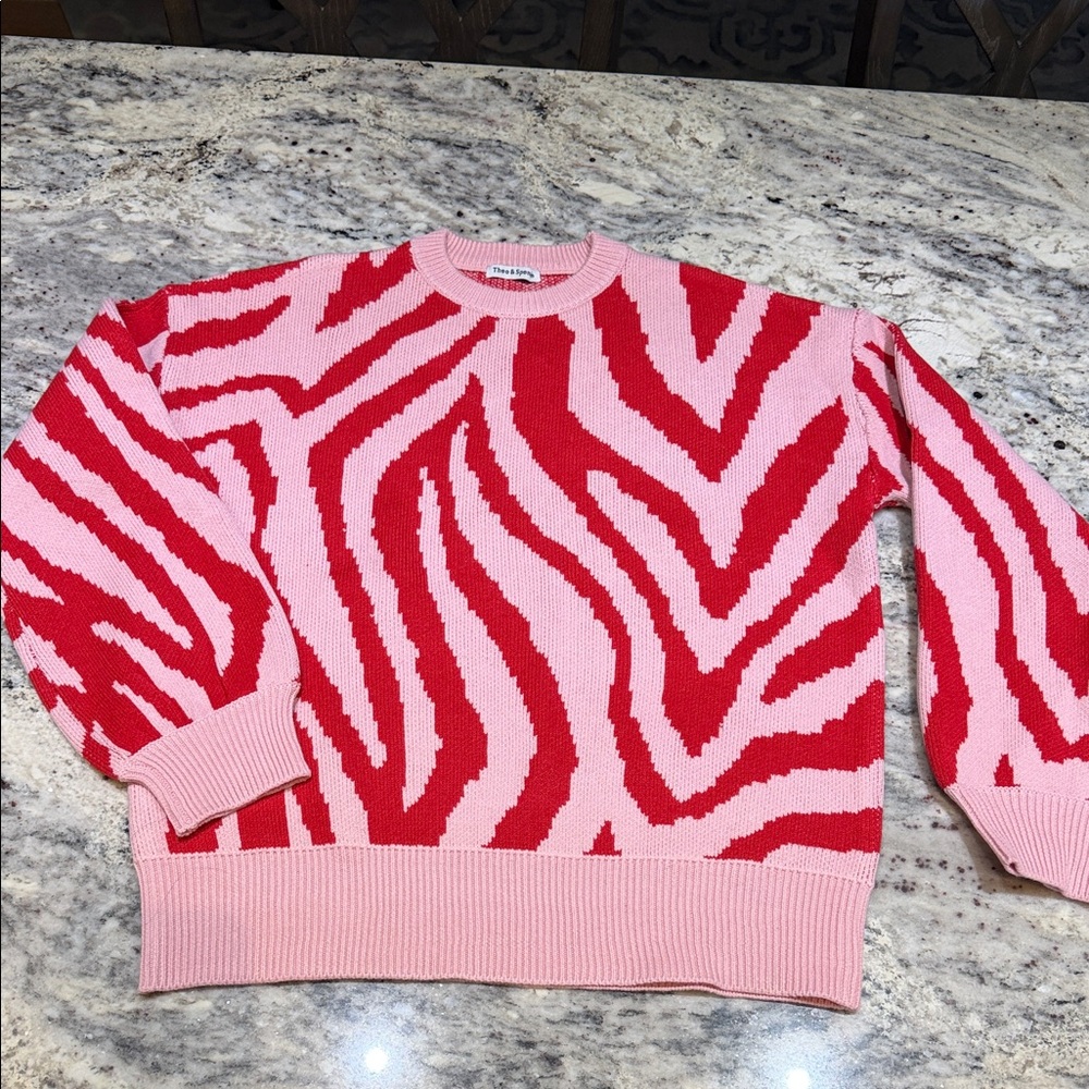 NEW Anthropologie Theo and Spence Pink and Red Zebra Pattern Sweater!  Adorable!